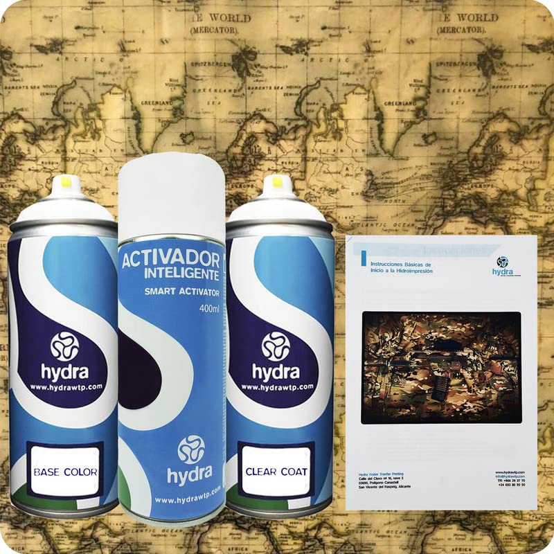STARTER Zestaw hydroprint: 1 aktywator 400 ml + 1 odpowiedni lakier i kolor tła 400 ml + 1 x instrukcja + 1 x folia hydroprintowa z efektem mapy świata, szerokość: 50 cm, długość: 800 cm (HOT-166)