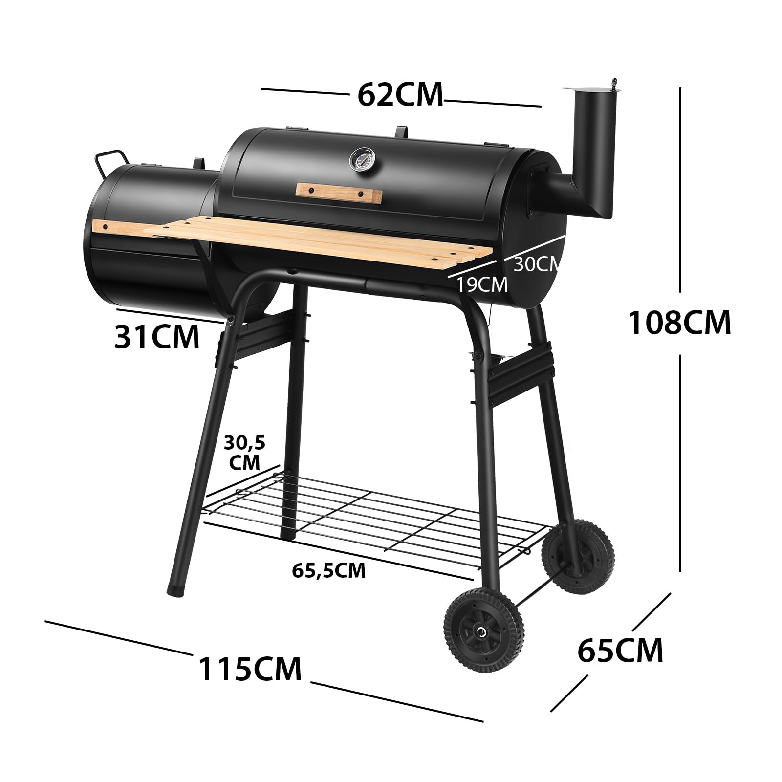KOMFOTTEUBarbecue a carbone con termometro e ruote, griglia in acciaio con camino, affumicante per esterni, con tavolo laterale e ripiano inferiore, 115 x 65 x 108 cm