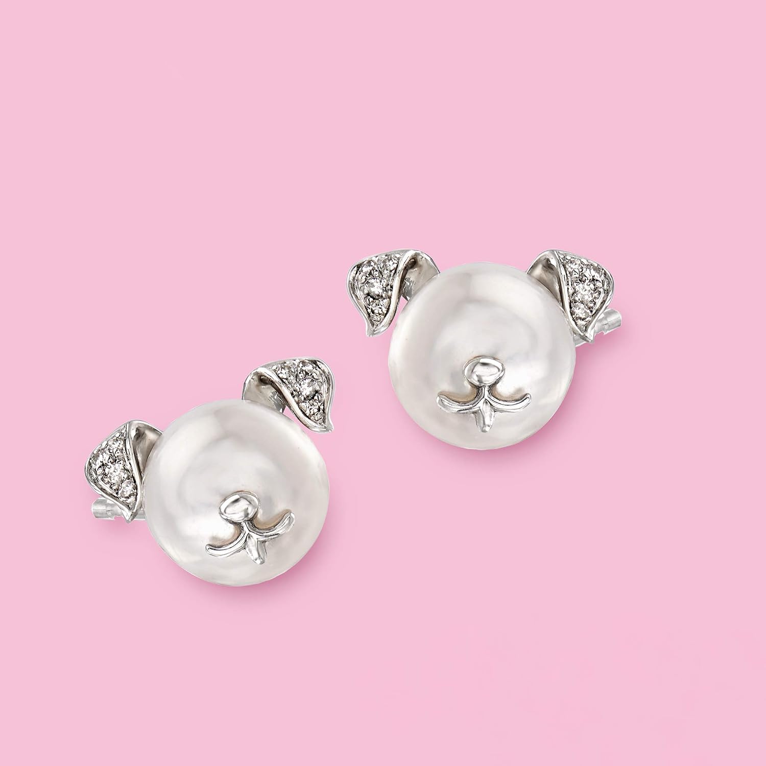 Ross-Simons 8-8.5mm Cultured Pearl Dog Earrings With Diamond Accents in Sterling Silver