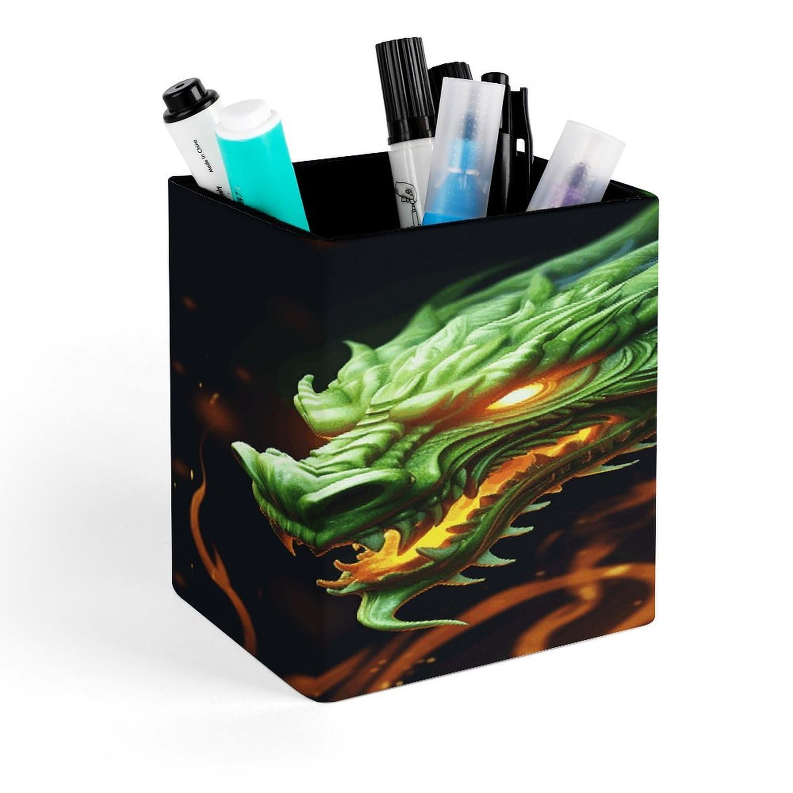 LZQPOEAS Chinese Dragon Square Pen Pencil Holder PU Leather Pencil Cup Desktop Stationery Organizer Office Accessories Container