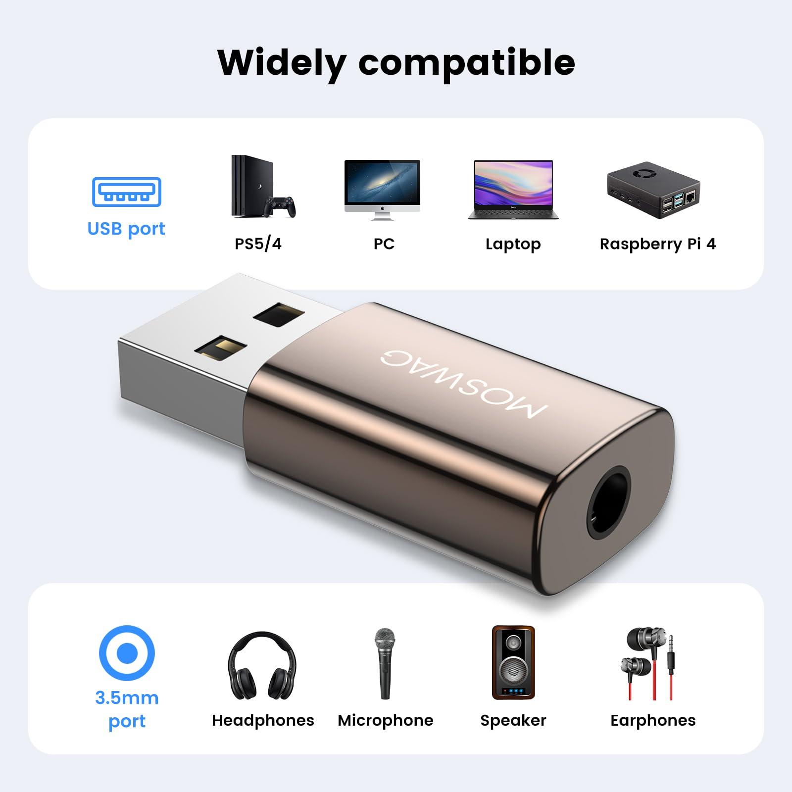 MOSWAG Adapter audio USB do 3,5 mm jack, zewnętrzna karta dźwiękowa z 3,5 mm portem TRRS Aux, kompatybilny z PC, laptopem, Mac, komputerami stacjonarnymi, Linux, PS4 i innymi urządzeniami