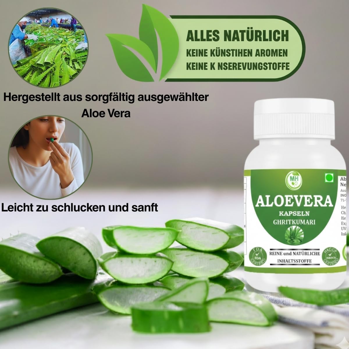 Aloe Vera (Aloe barbadensis Miller) – 200x Bioaktiver Blattextrakt – Aloinfrei – Reine, traditionelle Pflanzenformel – 240 Vegane Kapseln