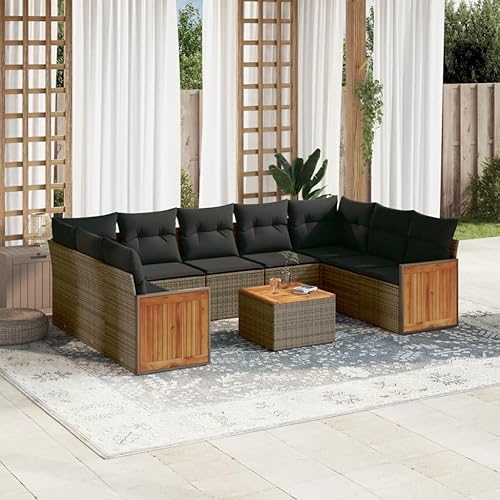 10-Piece Garden Sofa Set, Grey Poly Rattan Outdoor Sectional Couch,