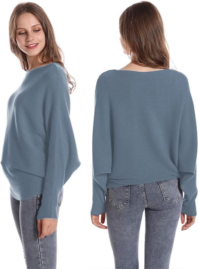 FULIER Women Oversized Boat Neck Batwing Sleeves Dolman Knitted Sweaters Lightweight Pullovers Tops One Size - Image 4