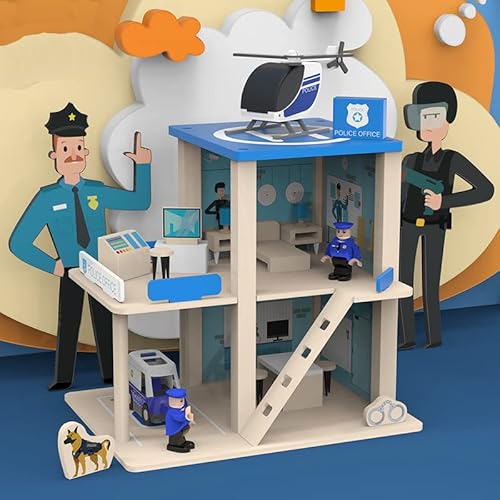 Wooden Police Station Playset, Pretend Play Dollhouse,Multicolor 3-Level with Figures, Truck, Helicopter and Accessories