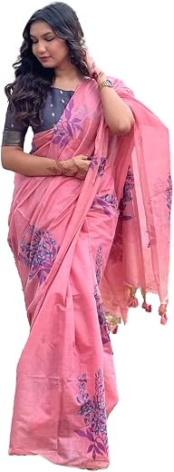 NK Textiles Women's Floral Thread &amp; Zari Woven Muga Linen Cotton Saree with Fancy Tassels (25 COLORS &amp; DESIGNS)