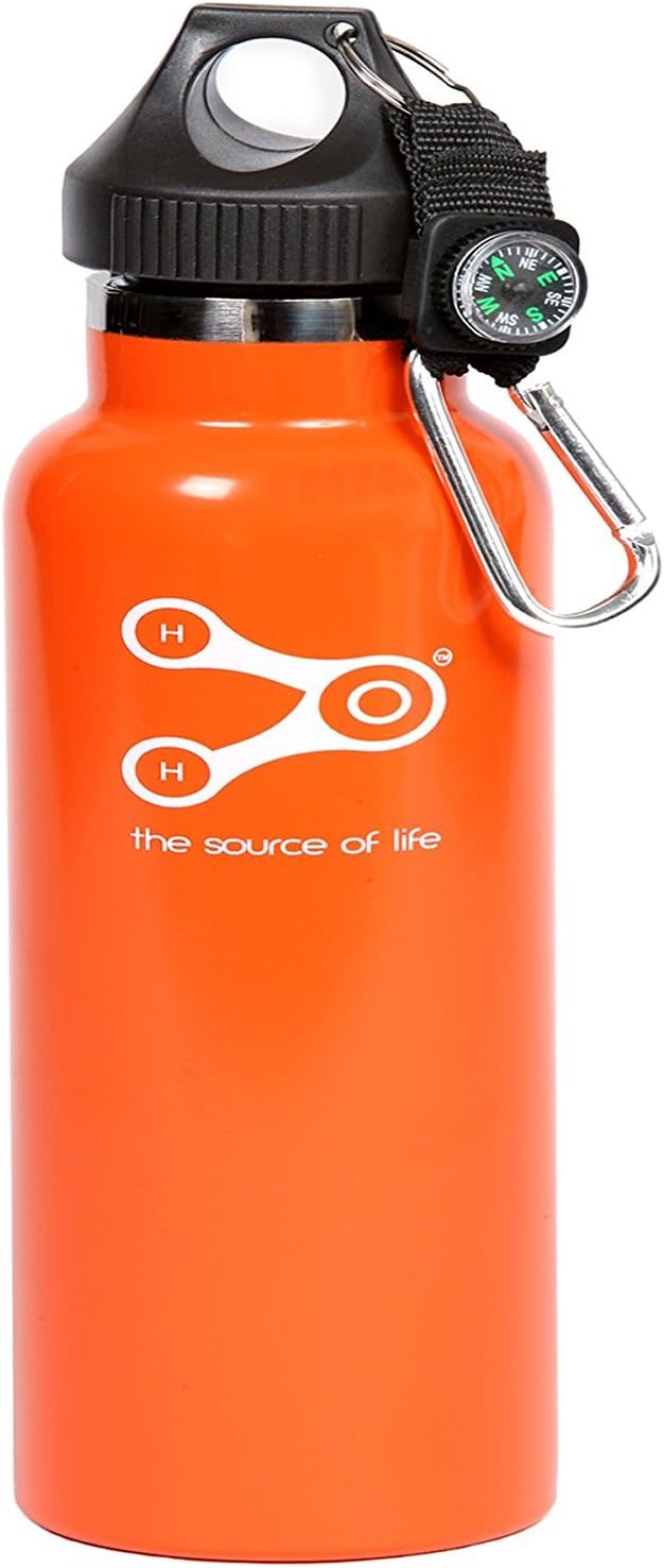 Treksos Insulated Stainless Steel Water Bottle Wide Mouth Vacuum Double Wall BPA Free - 20 Oz / 600 Ml, Plus a Carabiner and a Compass-Rubin Orange