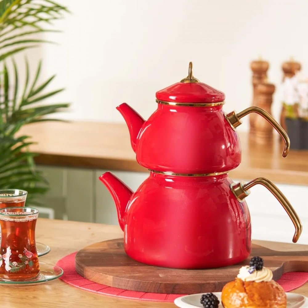 Karaca Retro Enamel Teapot Set, Titanium, Tea Infuser 1.1 L - 2.4 lb, Water Pot 2.3 L - 5.1 lb, Red, Suitable for Induction, Tea Maker, Kettle, Turkish Tea Kettle, Tea Maker