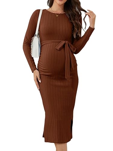 Crewneck Maternity Sweater Dress Rib Knit Long Sleeve Slit Pregnancy
