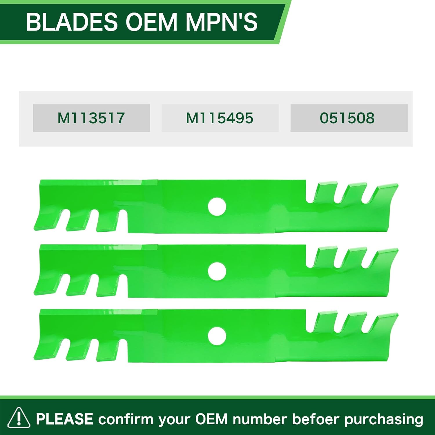 48 Inch Deck Mower Toothed Blades Fit for John Deere Scotts F510 325 GT242 GX345 F525 F620 GS25 GT225 Mower Replace OEM John Deere M113517 M115495 051508