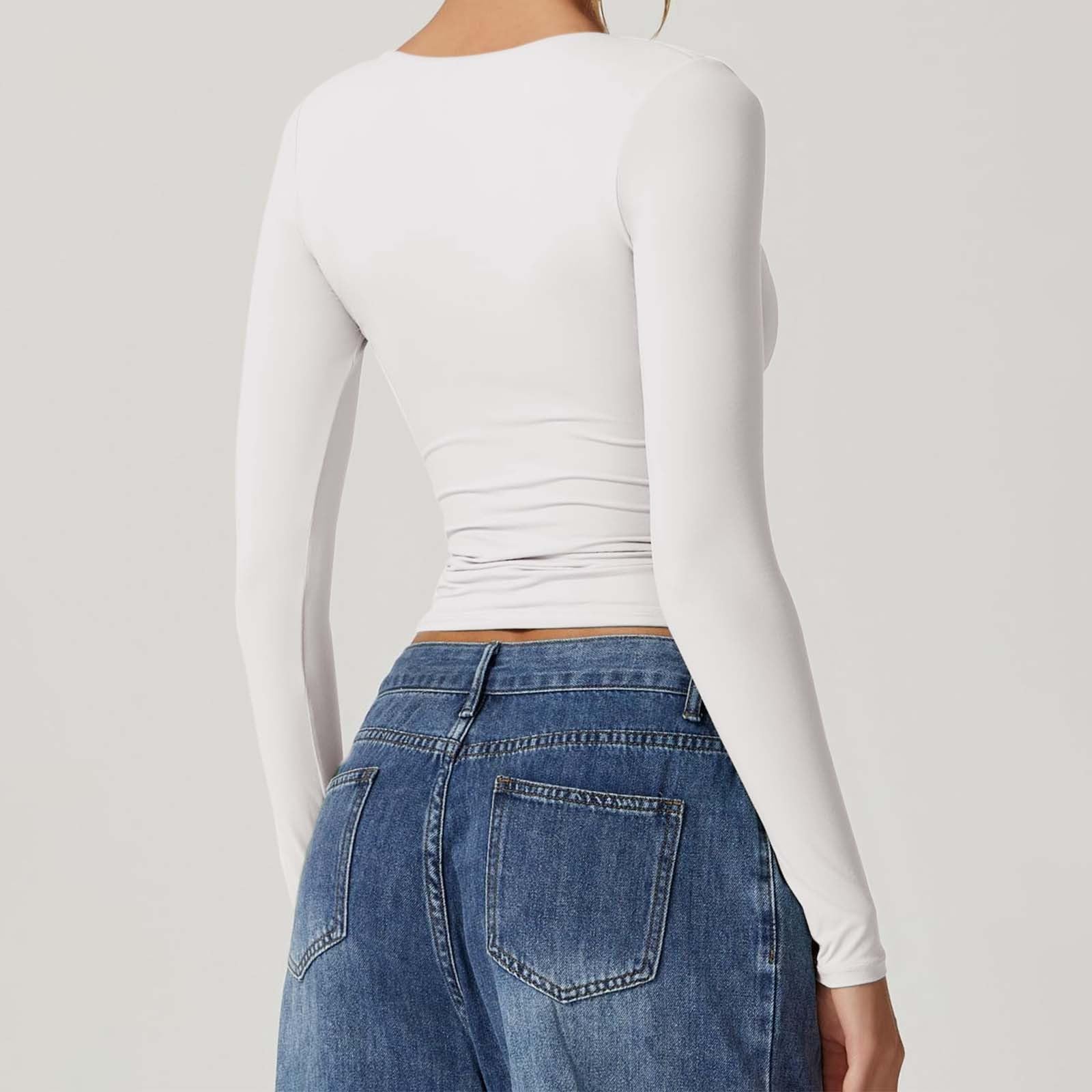 Maglia da donna a maniche lunghe con scollo a V, sexy, slim fit, Y2K, Skim Dupe Basic Crop, top a tunica, da donna, elasticizzata, per sport stretto, top da donna