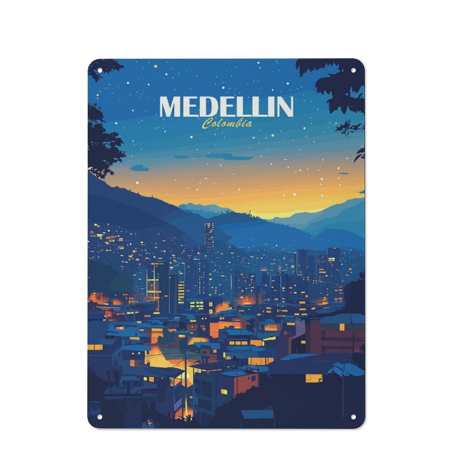 Junmoney Style-14 Metal Wall Sign 40X30cm Featuring Medellin Colombia Cityscape At Night For Café Or Home Bar, For Collectors Decorating Cafés And Home Bars