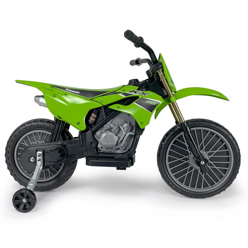 INJUSA - Moto Elettrica Kawasaki KX85, per Bambini +3 Anni, con Batteria 6V, Pedale Acceleratore, Ruote di Supporto, Freno Elettrico, Velocità 5 km/h, Verde