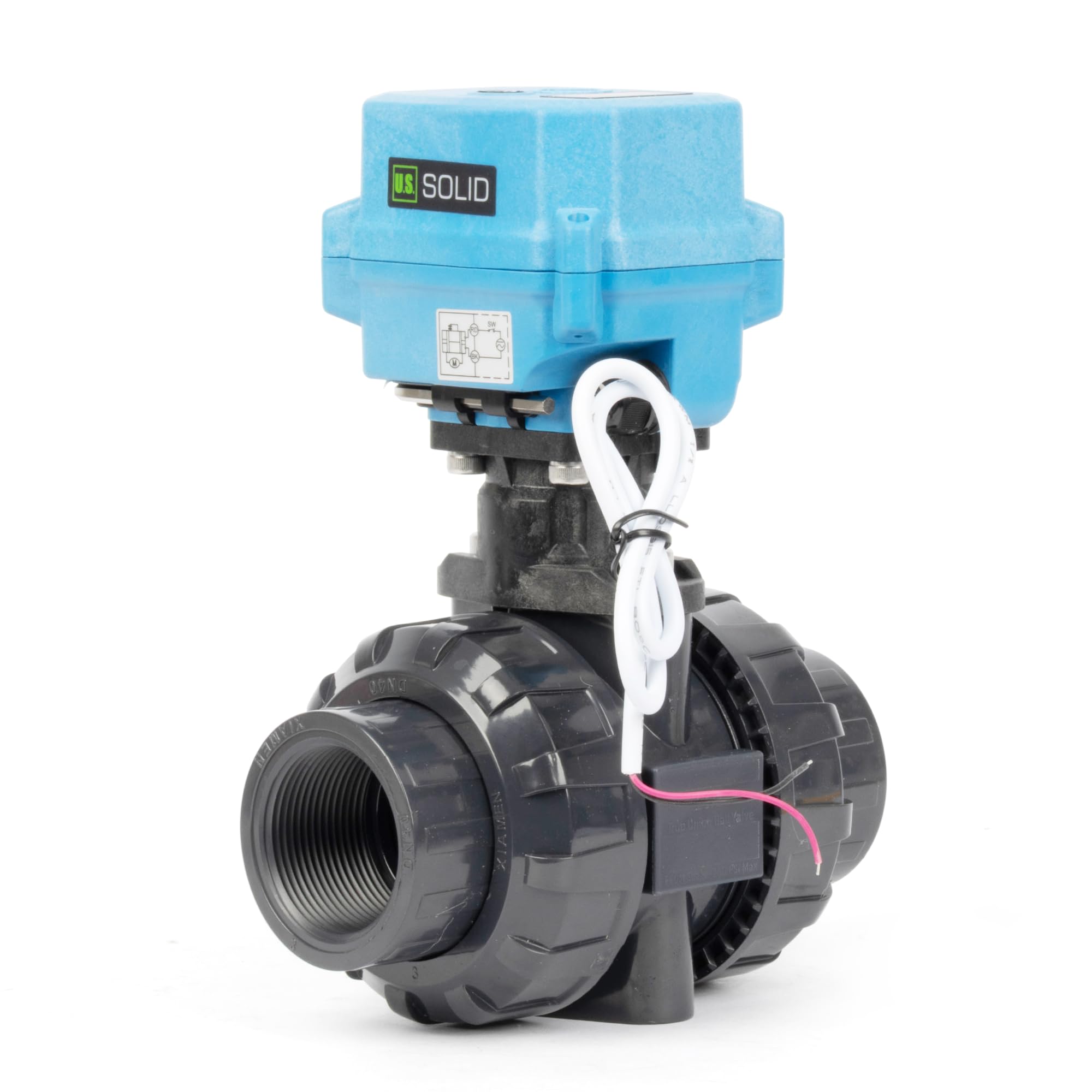 U.S. Solid Robinet à boisseau sphérique électrique UPVC 3,8 cm, filetage G, 9-24 V AC/DC, retour automatique à 2 fils, IP67, fermé sans courant avec réinitialisation manuelle pour systèmes d'eau et