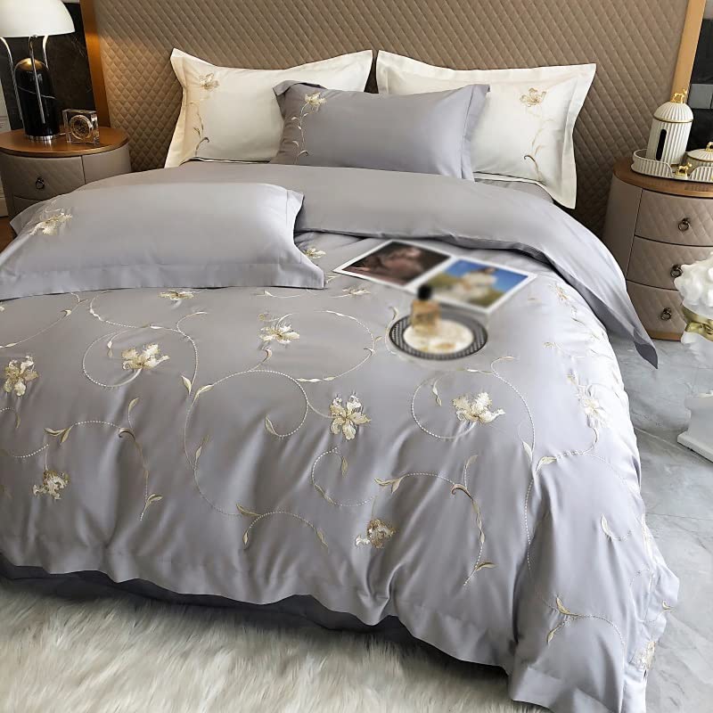 Ensemble de literie 220X240 linge de lit brodé fleur dorée
