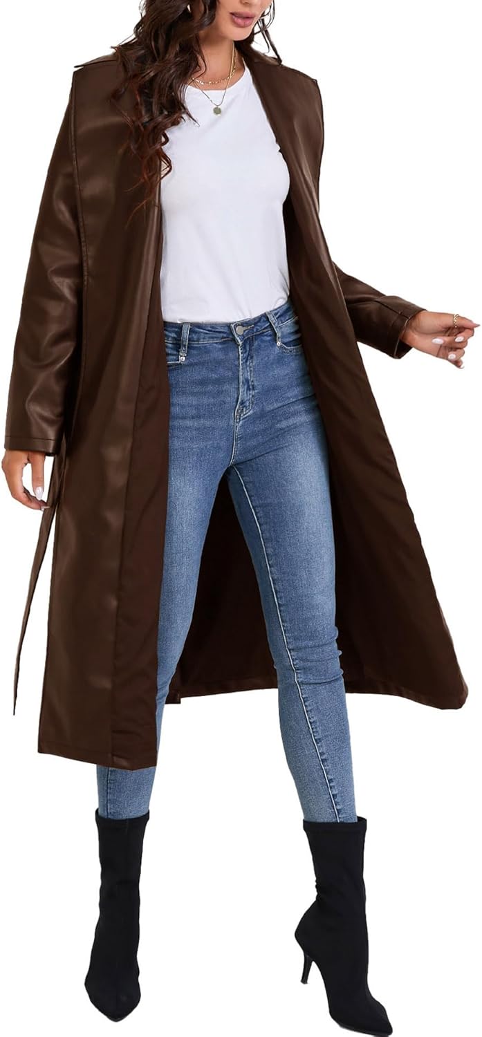 Sexyshine Women's Faux Leather Trench Coat Notched Lapel PU Leather Long Coat Open Front Motorcycle Belted Maxi Jacket - Image 3