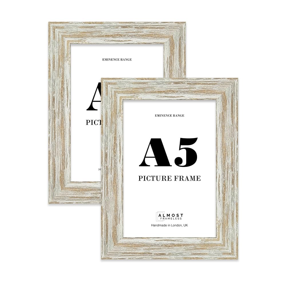 A5 Distressed White Oak Picture Frame - Rustic Wood Industrial Effect Photo Frame for Wall Display, Ideal for Posters, Prints & Home Dรฉcor, Wall Hooks and Kickstand, 32mm Edge - 2 Pack โ image 1