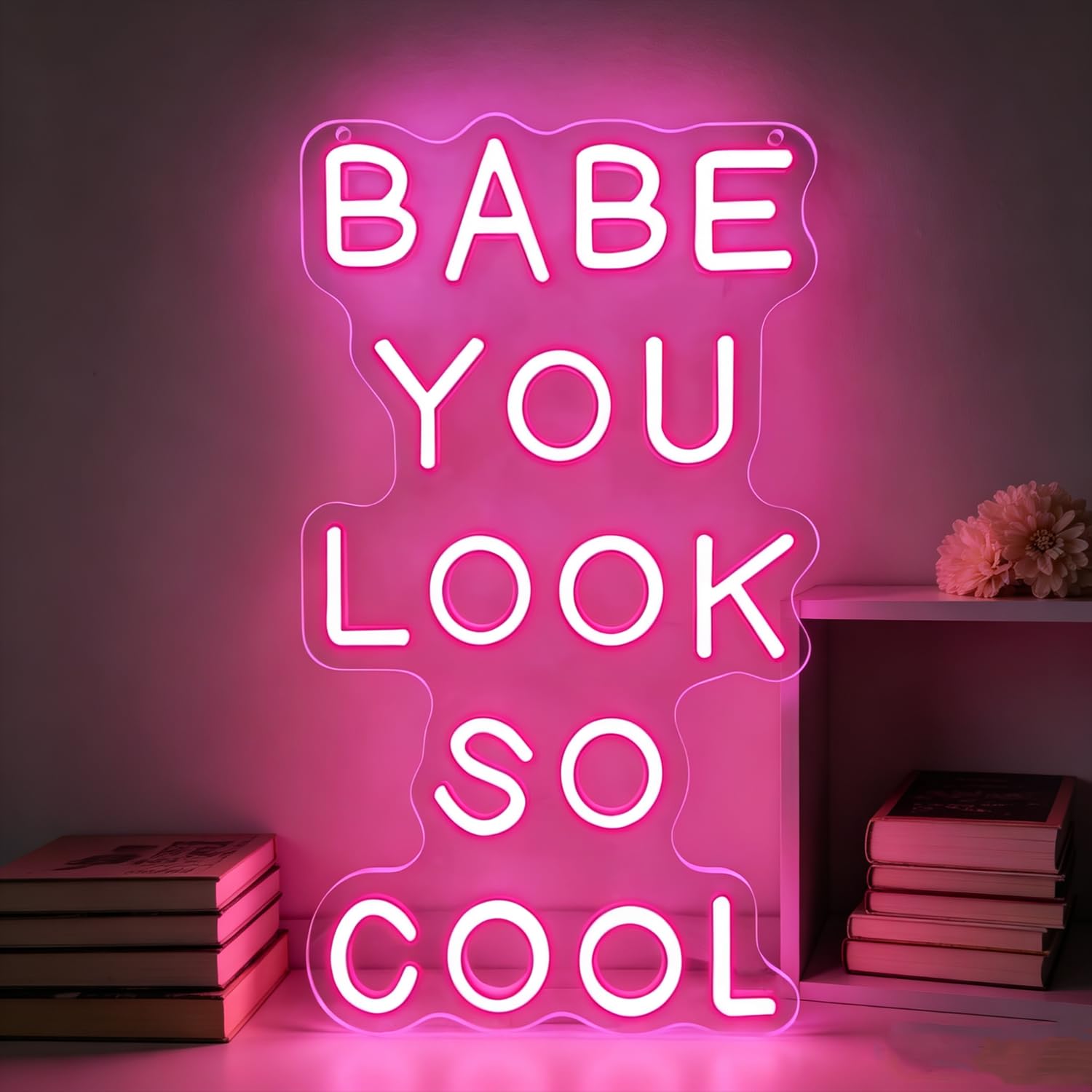 Babe You Look So Cool Neon Sign Pink LED Neon Letter Sign Light Up for Wall Decor, Dimmable USB Powered Neon Light for Game Room Bar Bedroom Club Party Man Cave, Gift for Boys Teen 8”x14” — image 1