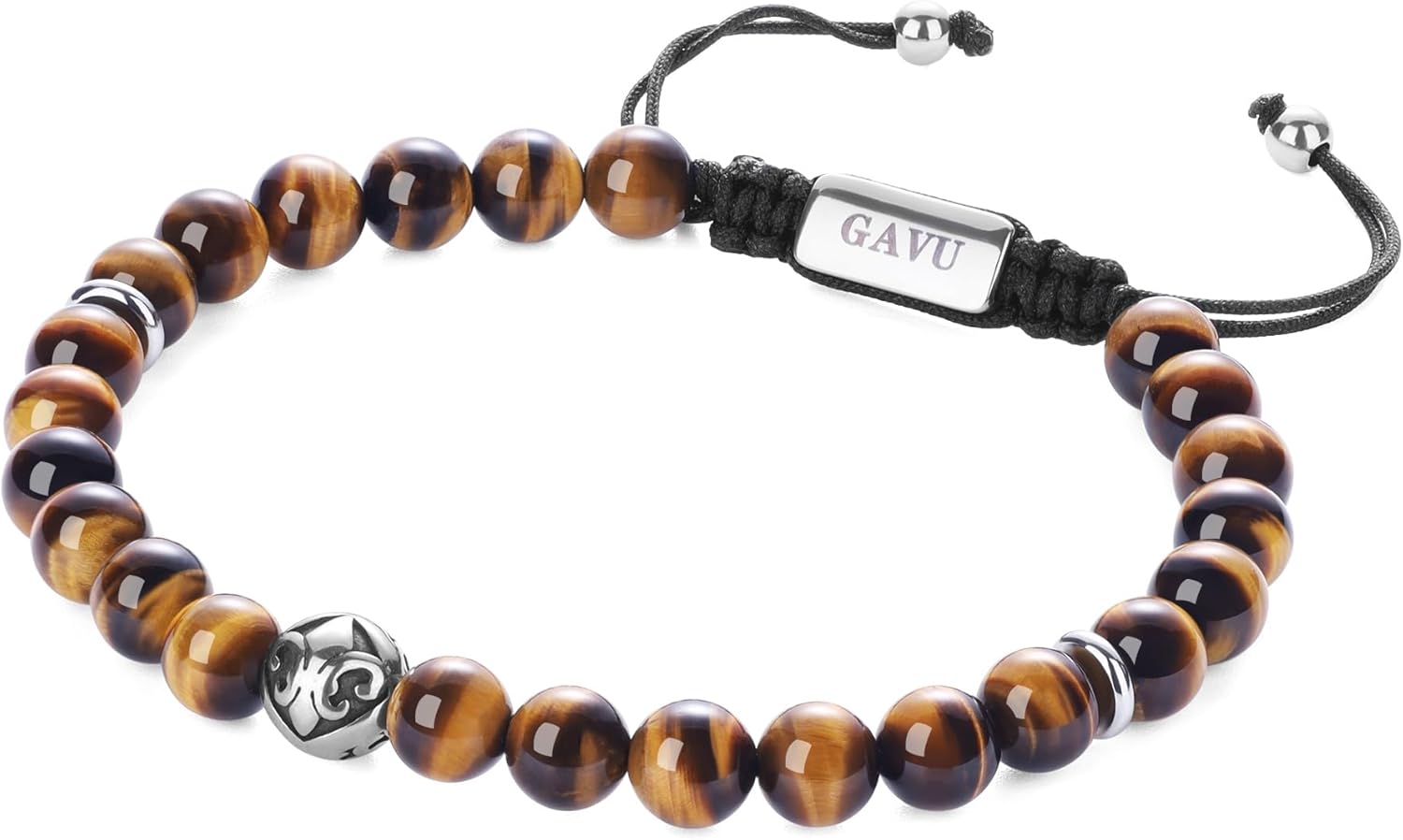 GAVU Beaded Bracelet for Men, Adjustable Crystal Bracelet for Men, 6mm Azurite/Tiger Eye/Lava
