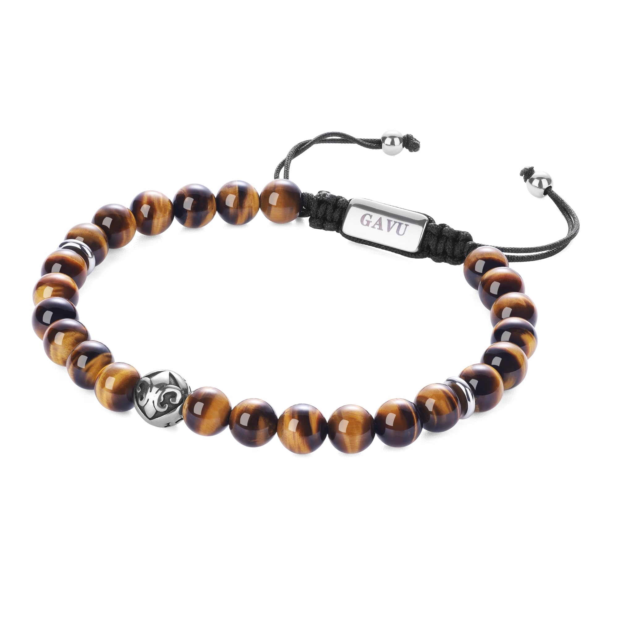 GAVU Beaded Bracelet for Men, Adjustable Crystal Bracelet for Men, 6mm Azurite/Tiger Eye/Lava