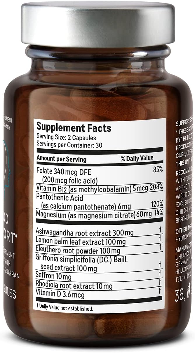 CLAV Mood Support Supplement - with Ashwagandha + Saffron Extract + 5-HTP Griffonia + Siberian Ginseng + Rhodiola rosea - 60 Capsules - Image 9