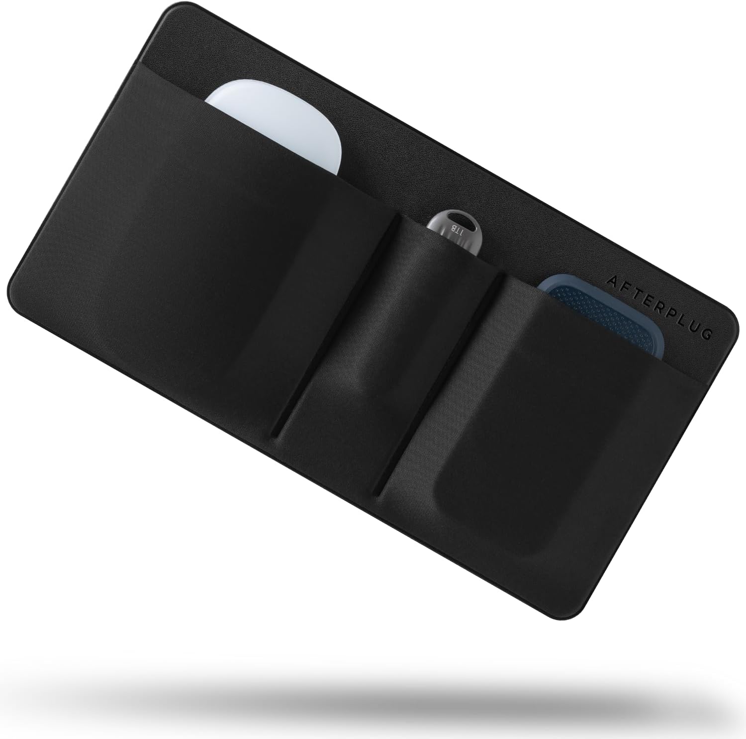 3-Pocket Storage Pouch, Adhesive Laptop Accessory Organizer, for Portable HDD, SSD, USB Drive, Mouse, Cables - Black