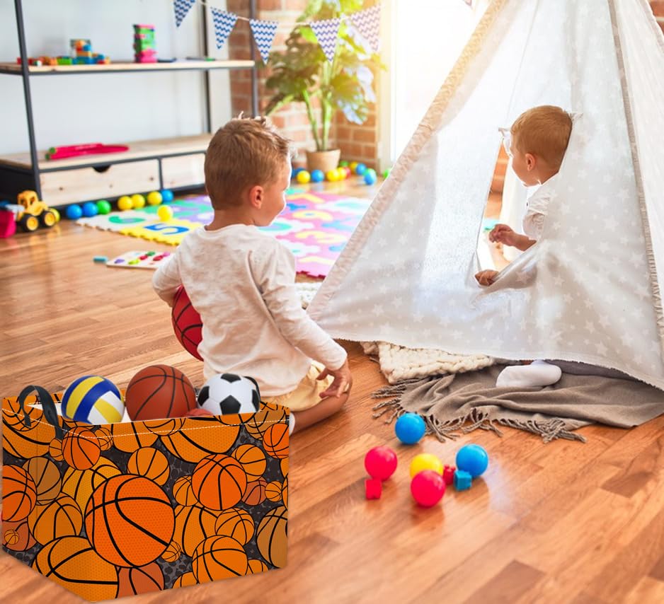 Image of Rectangular Basketball Kids Storage Basket Gift & Baby Storage Bin Organizer Shelf Book Basket Room Decor (Basketballs)