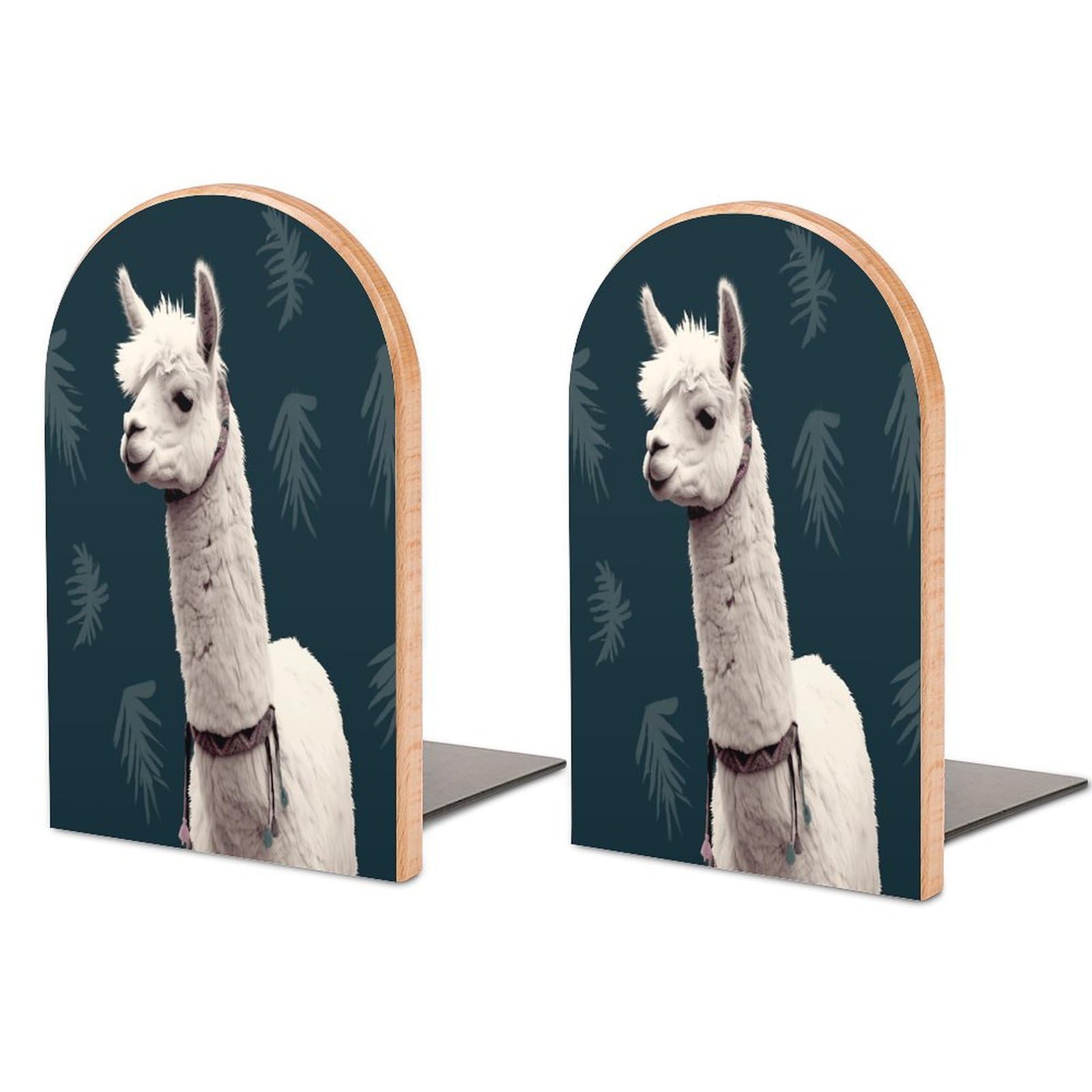 Alpaca Llama Bookends 1 Pair Heavy Duty Book Ends for Shelves Non-Skid Bookend Supports Wooden Book Holders with Metal Base Desk Organizers Books Storage to Hold Books