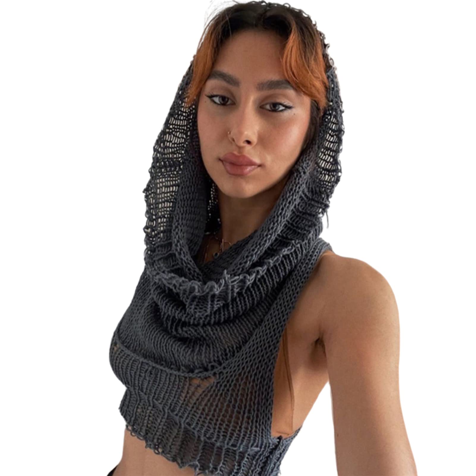 Women Knitted Hoodie Sweater Vest Sexy Sleeveless Hollow Out Hooded Crop Top Streetwear Rave Oufit