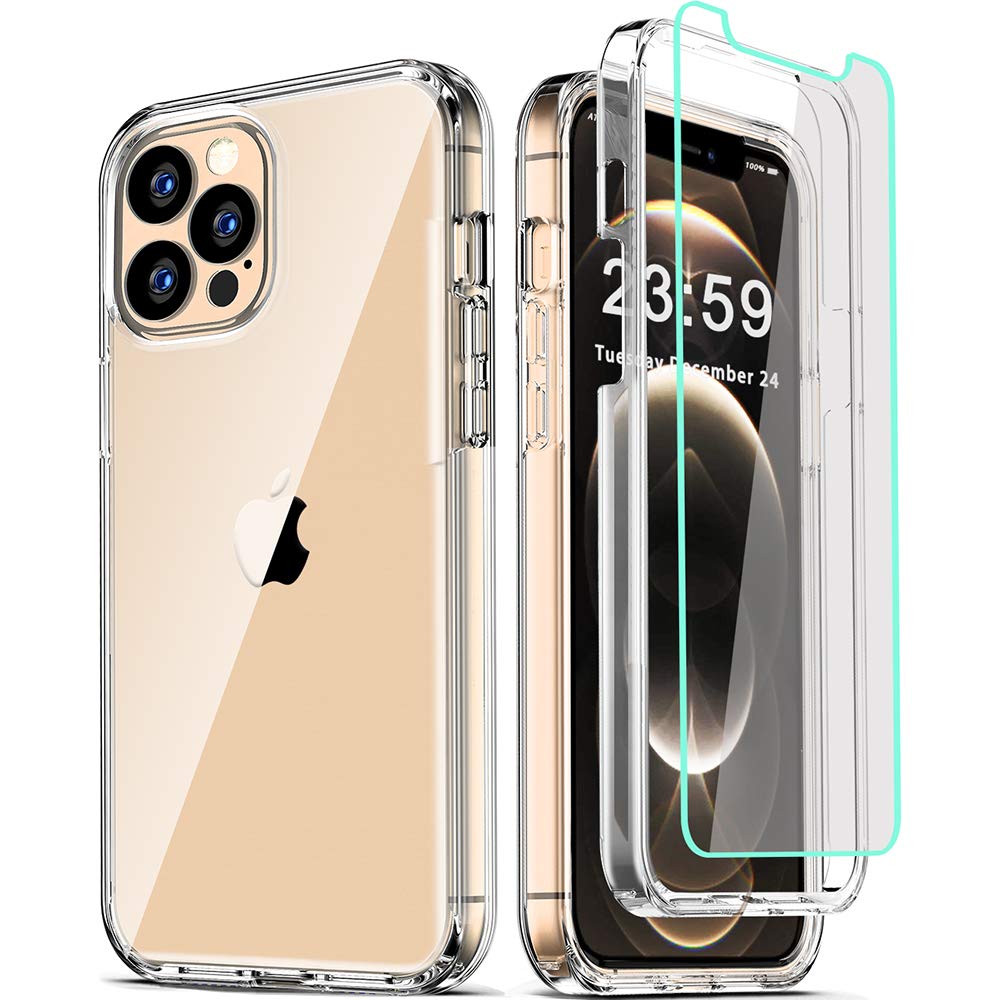 COOLQOCompatible for iPhone 12 Pro Max Case 6.7 Inch, with [2 x Tempered Glass Screen Protector] Clear 360 Full Body Coverage Silicone Protective 12 ft Shockproof Phone Cover