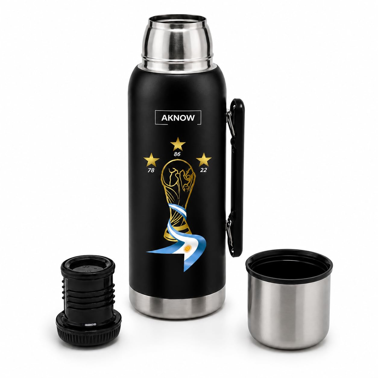 Thermo Argentino Mate Water World Cup Botella de acero inoxidable con bandera argentina 1LT (negro)