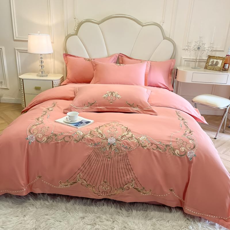 Image of JJ's Imported Skin Friendly Pure Washed Cotton Heavy & Beautifully Embroidered Wedding Style 5 Pcs King Size Double Bed Luxury Bridal Bedding Set with Heavy Comforter /Quilt (Peach)