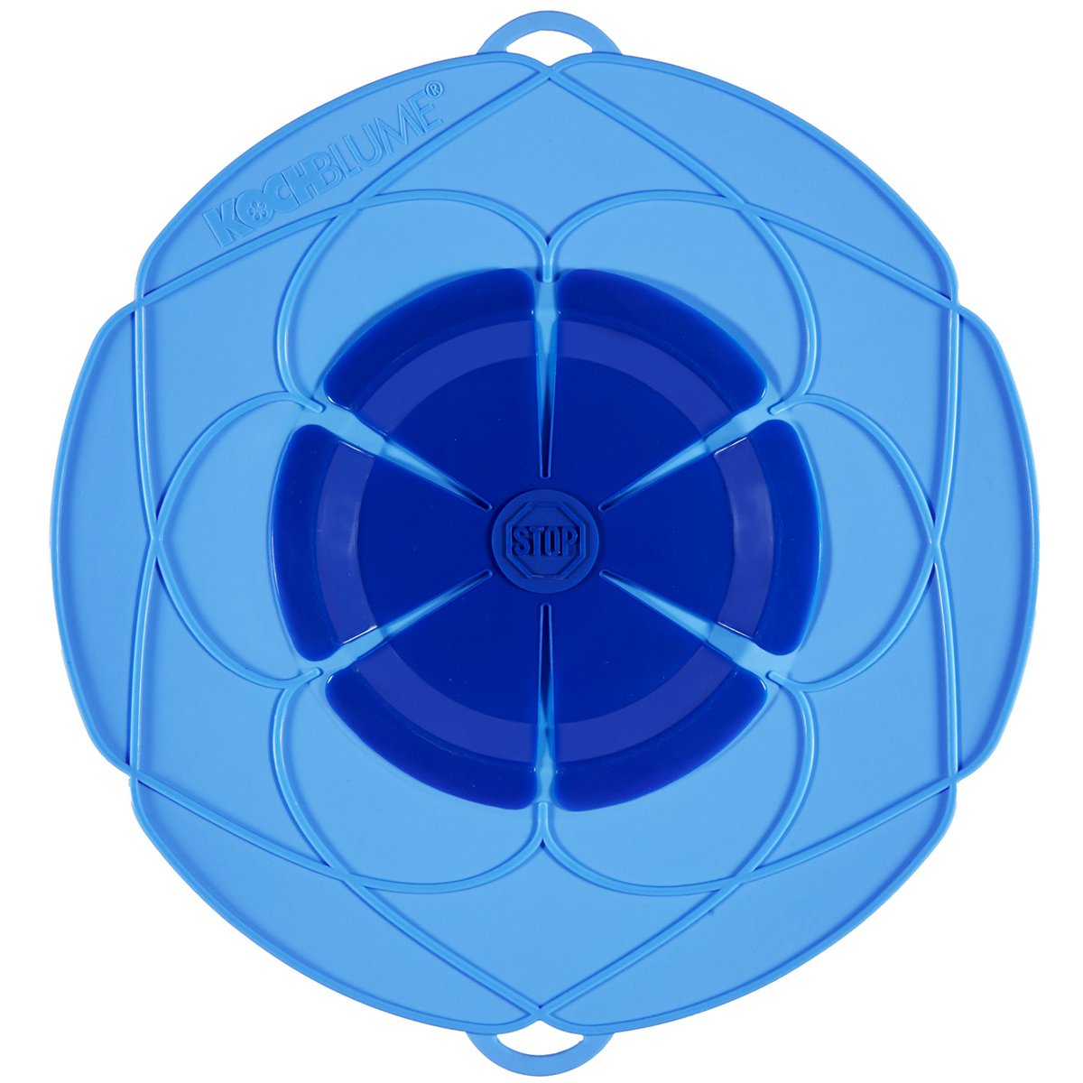 Kochblume Das Original – Silikon Überkochschutz für Töpfe und Pfannen, Mikrowellen-Deckel, Spritzschutz und Dampfgar-Aufsatz (blau, Ø 14–20 cm)