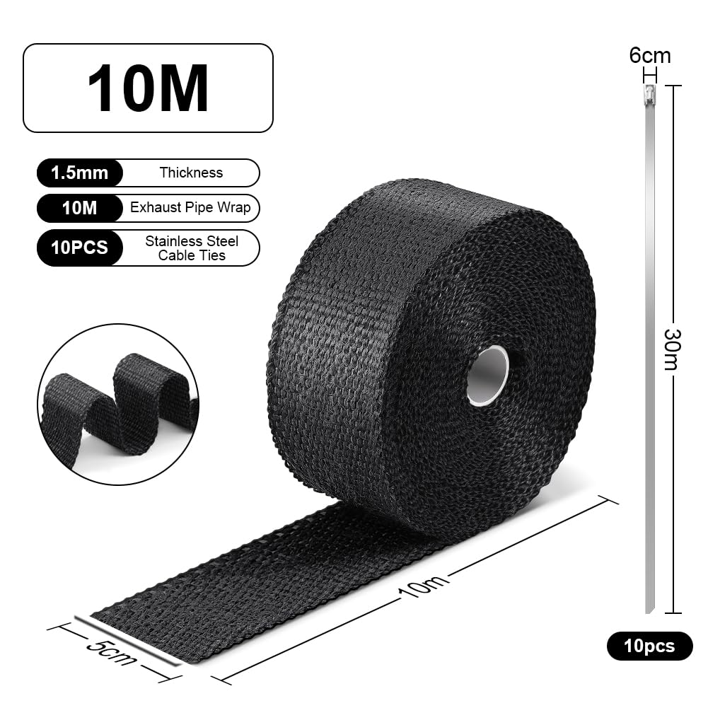 Fascia di Protezione dal Calore 10m x 5cm Bende Termiche Moto Nastro Termico Isolante con Fascette Metalliche Nero