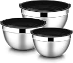 TEEM Stainless Steel 304 Mixing Bowls with Lids, Set of 3 Large Medium Small 1.5L 2L 3L (1.6QT 2.1QT 3.2QT) Food-Grade Metal Nesting Salad Bowls - Rust-Resistant, Dishwasher Freezer Safe