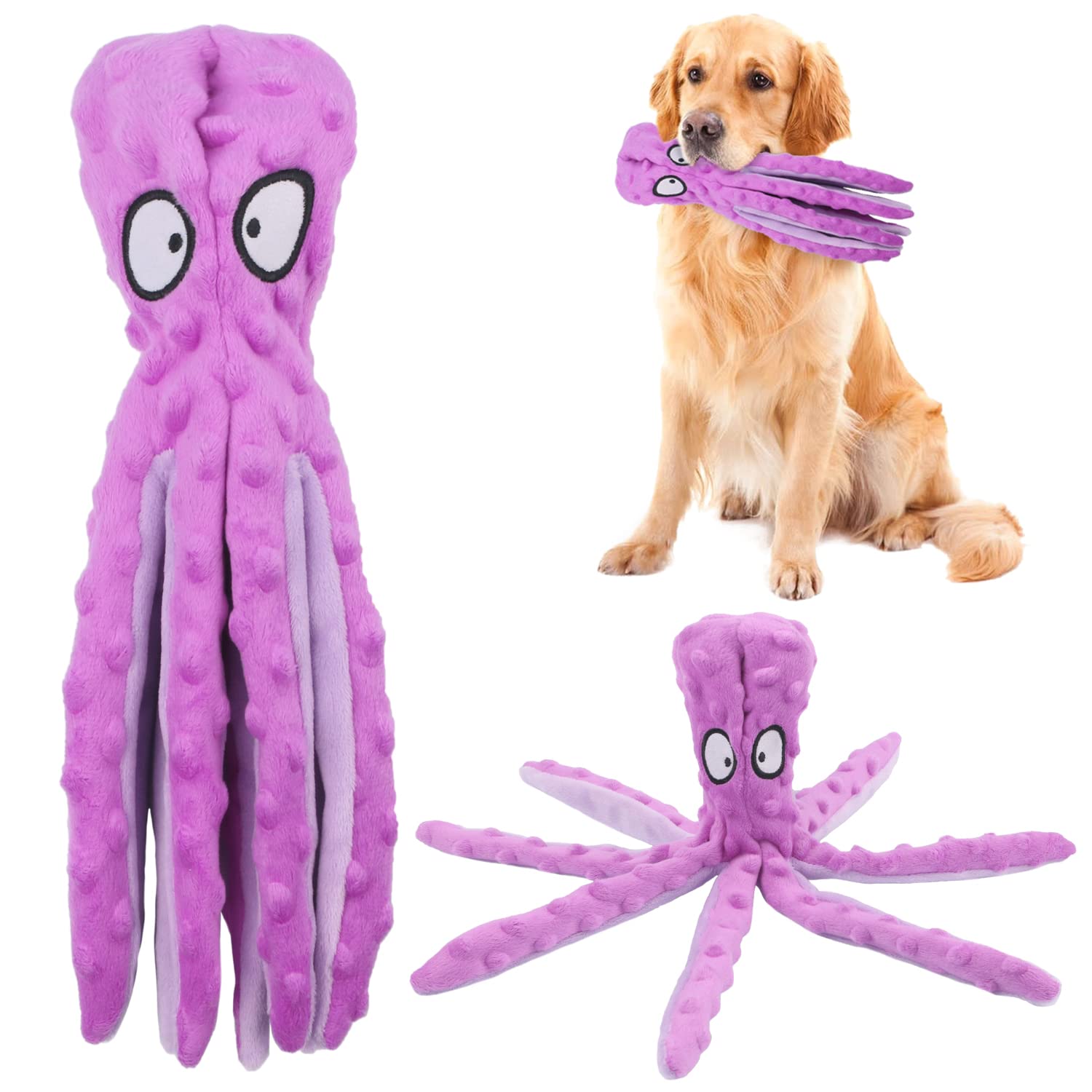 Octopus Dog Toys, No Stuffing Squeaky Dog Toys Interactive Octopus Dog Chew Toys with Crinkle Paper for Small Medium Dogs Playing and Training (Purple)