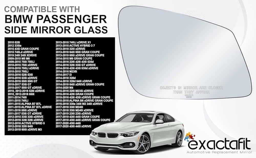 exactafit Passenger Side Mirror Glass Replacement For BMW 2 3 4 5 6 7 Series Compatible With M3 M4 M5 M6 X1 ActiveHybrid Right Door Mirrors