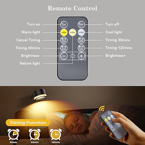 Miniatura 4 de Shuniu Juego de 2 lámparas LED de pared, apliques de pared recargables con control remoto, 3 temperaturas de color de brillo, bola magnética