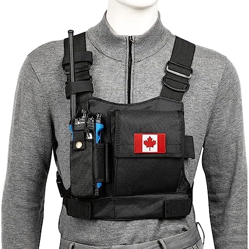 Radio Chest Harness with Reflective Strips Shoulder Holster Radio Vest Holder Two Way Radio Vest Rig Walkie Talkie Case with Front Pack Pouch for Motorola/Midland/Kenwood/Baofeng/Retevis
