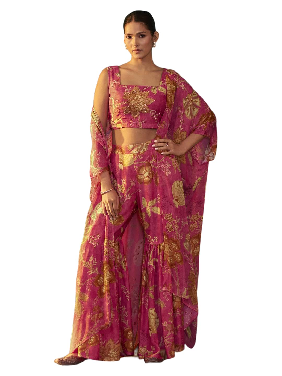 pinkmint Elegant Printed Crop Top & Stylish Shrug with Sharara for Women l Slik Modern 3-Piece Ethnic Co-ord Set Pink-picture-29