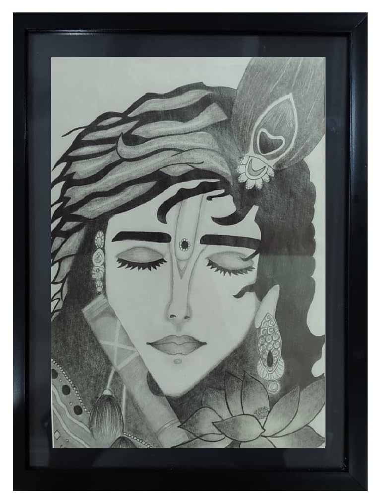 Handmade Pencil Sketch on A4 Paper – Divine Black & White Artwork with Intricate Detailing for Wall Décor, Home, Office & Gifting (Framed | Unframed) by CreatiVista (Framed)