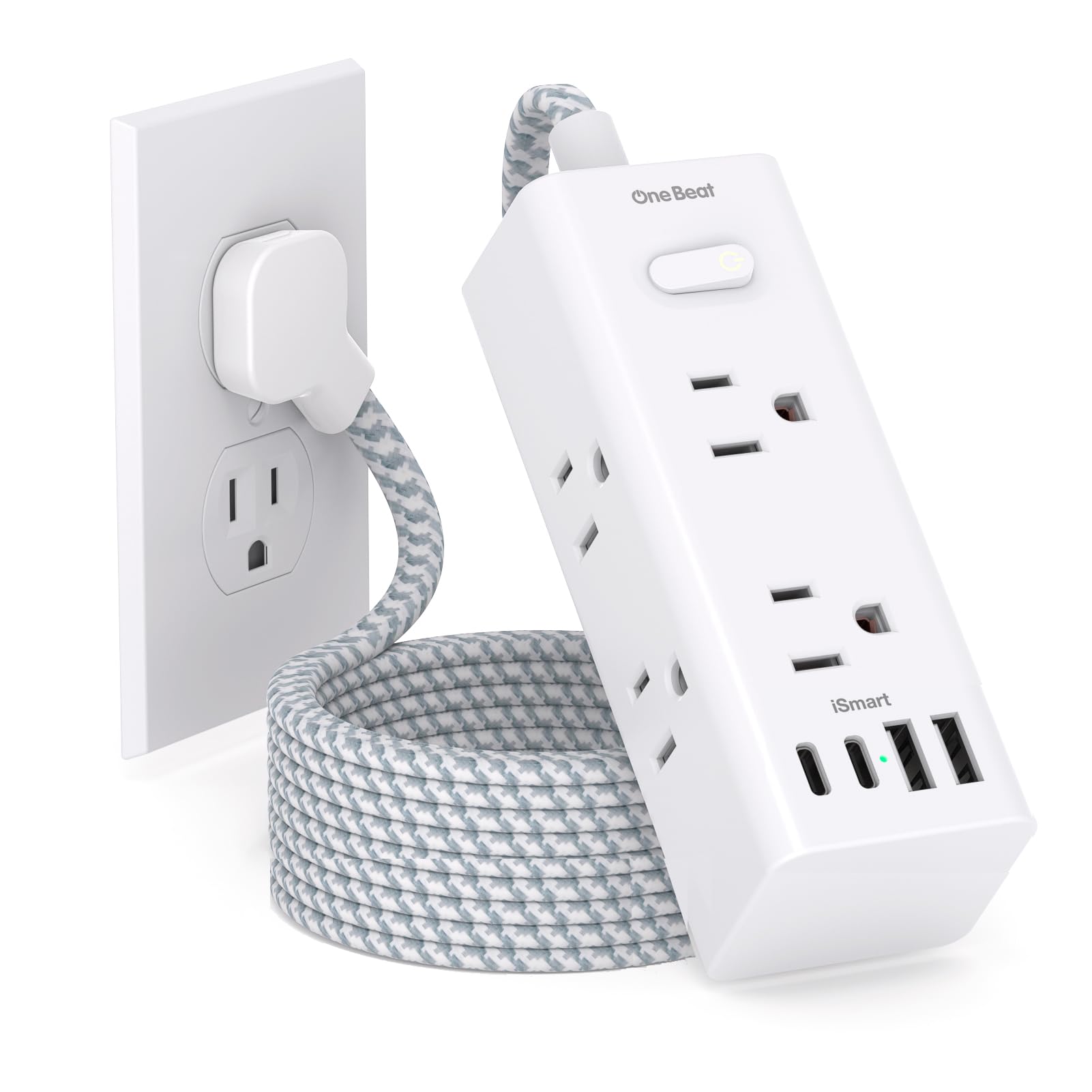 One Beat Power Strip Surge Protector - 6 Widely Outlets 4 USB Ports(2 USB C), 3 Sided Outlet Extender, 6 Ft Flat Plug Extension Cord, Wall Mount Power Strip for Home Office Travel College Dorm Room