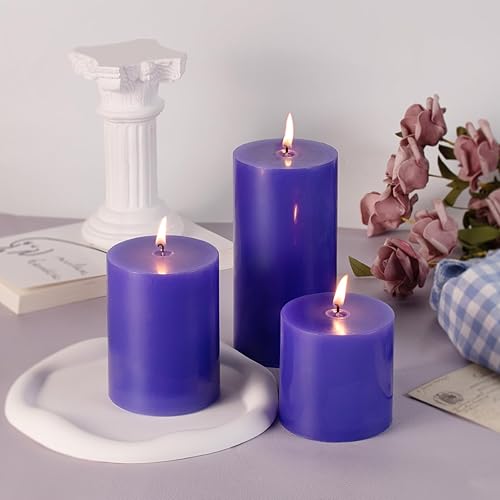 Miniatura 4 de KONNI Juego de 3 velas de pilar violeta sin perfume de 3 x 6 pulgadas a granel, velas de 56 horas de combustión, velas redondas grandes sin humo y