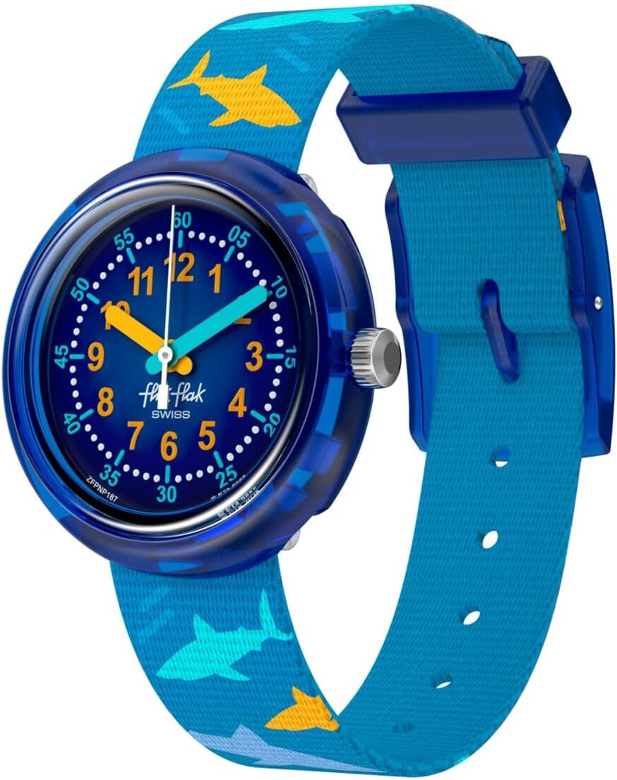 Flik Flak Girls Kids Watch Casual Blue Bio-sourced Quartz Waterproof Shark Gang