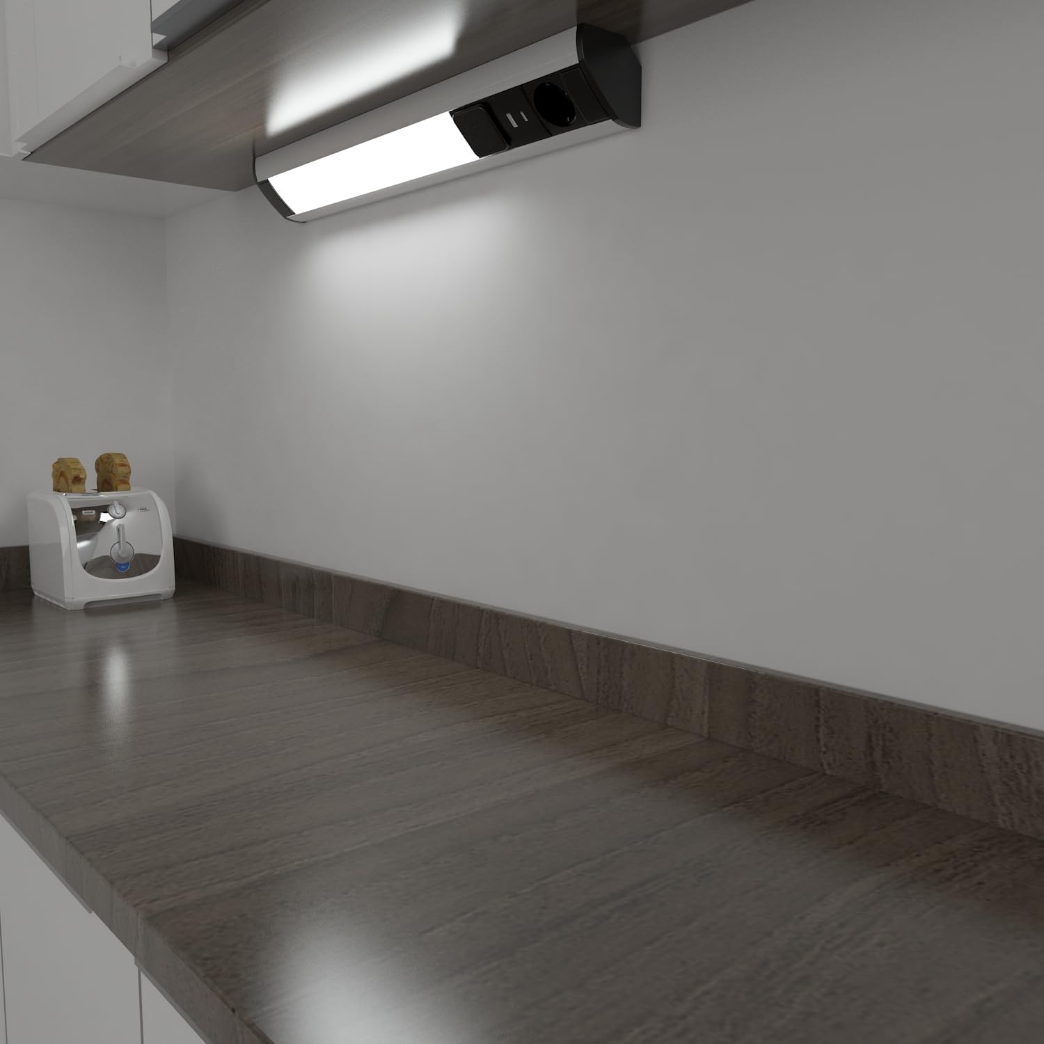 kalb I LED Unterbauleuchte mit Schalter und Steckdose, 230VAC Anschluss, 3000 Kelvin, USB-Port Typ A+C, Aluminium + ABS, IP20 silbergrau