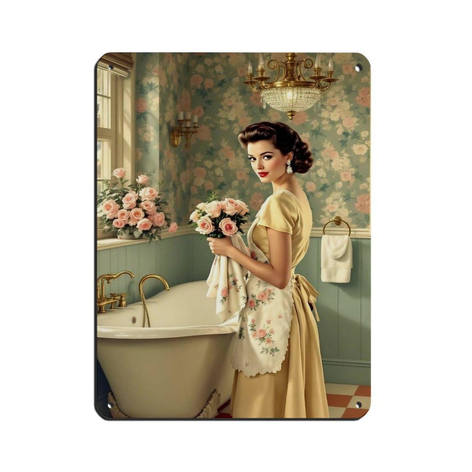 Poster rétro en métal femme aux roses décoration murale vintage 30x40cm