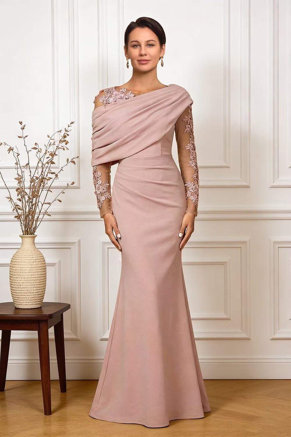 Mermaid Mother of The Bride Dress for Wedding Laces Applique Grandmother Groom Gowns Satin Long Sleeves Formal Gown MX34