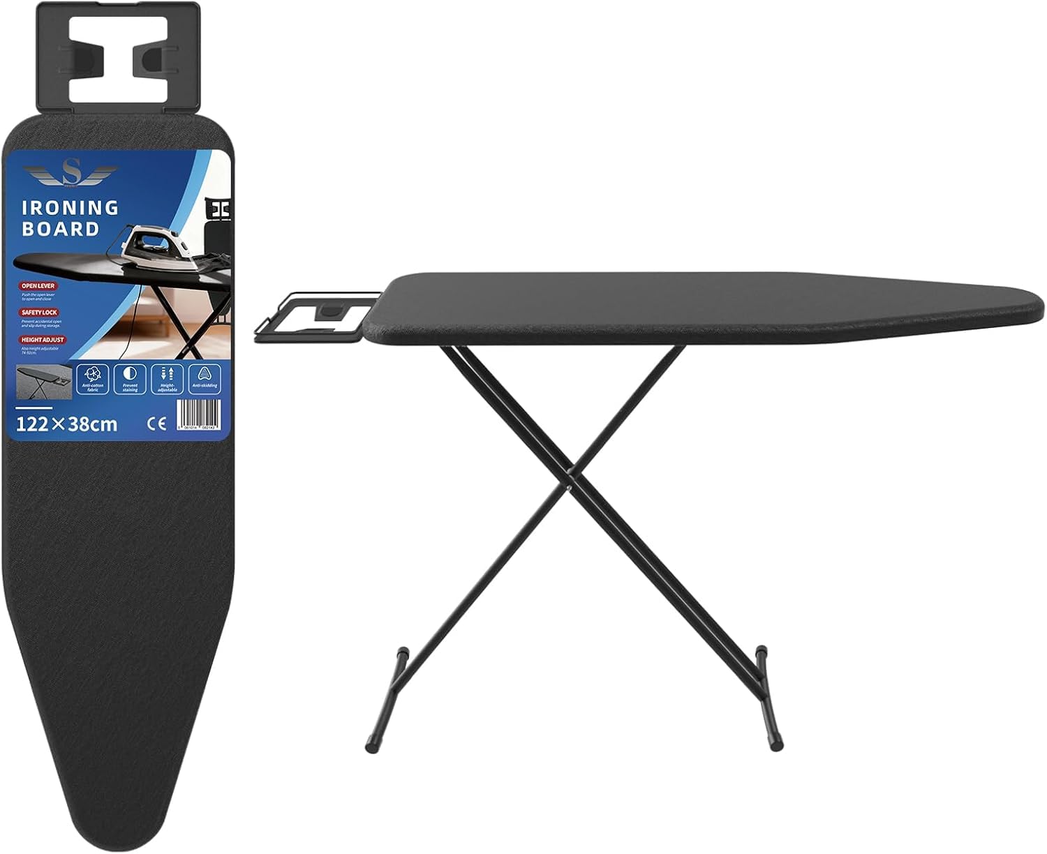 S SHAM® Folding Ironing Board 122x38cm – Adjustable Height 72–91cm, Heat-Resistant Fabric Cover, Silicone Iron Rest, Safety Lock System & Anti-Skid Stable Feet for Secure Ironing