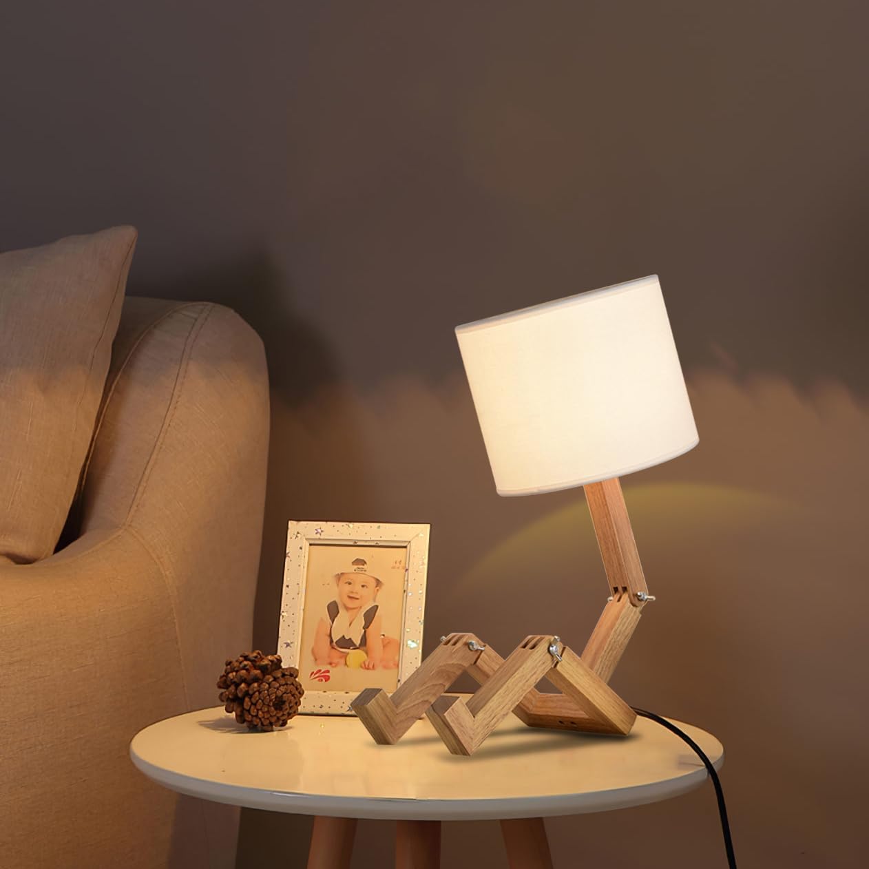 Robot Lampade da comodino,Lampada da scrivania moderna a LED con corpo in legno pieghevole,Luci notturne con paralume in tessuto per camera da letto,ufficio,studio