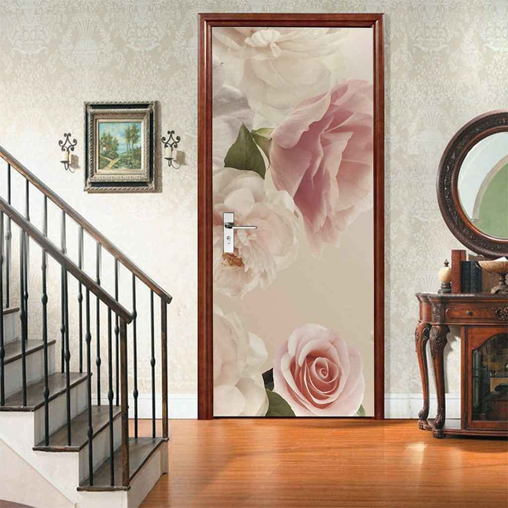 3D Door Stickers for Interior Doors Removable Vinyl 2Pcs Self Adhesive Door Murals Stickers Pink Rose Flower Plant 80 X 200 Cm Waterproof DIY Living Room Nursery Restaurant - Boys and Girls Room Door